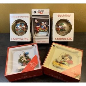 Schmid Disney Christmas 1980s Lot Of 5 Glass Ceramic Ornament Lot Holiday Balls